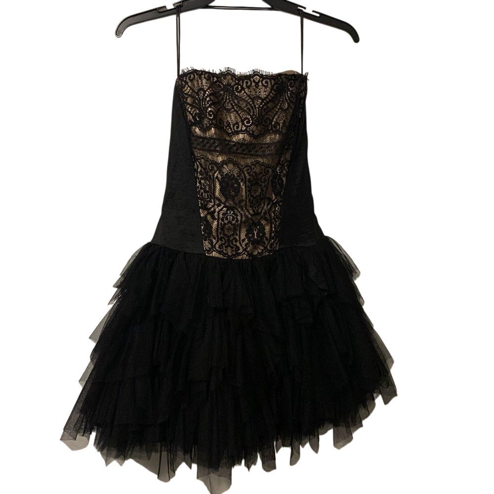 EUC‎ Vintage Jessica McClintock Black Corset Strapless Lace & Tulle Dress Size 4